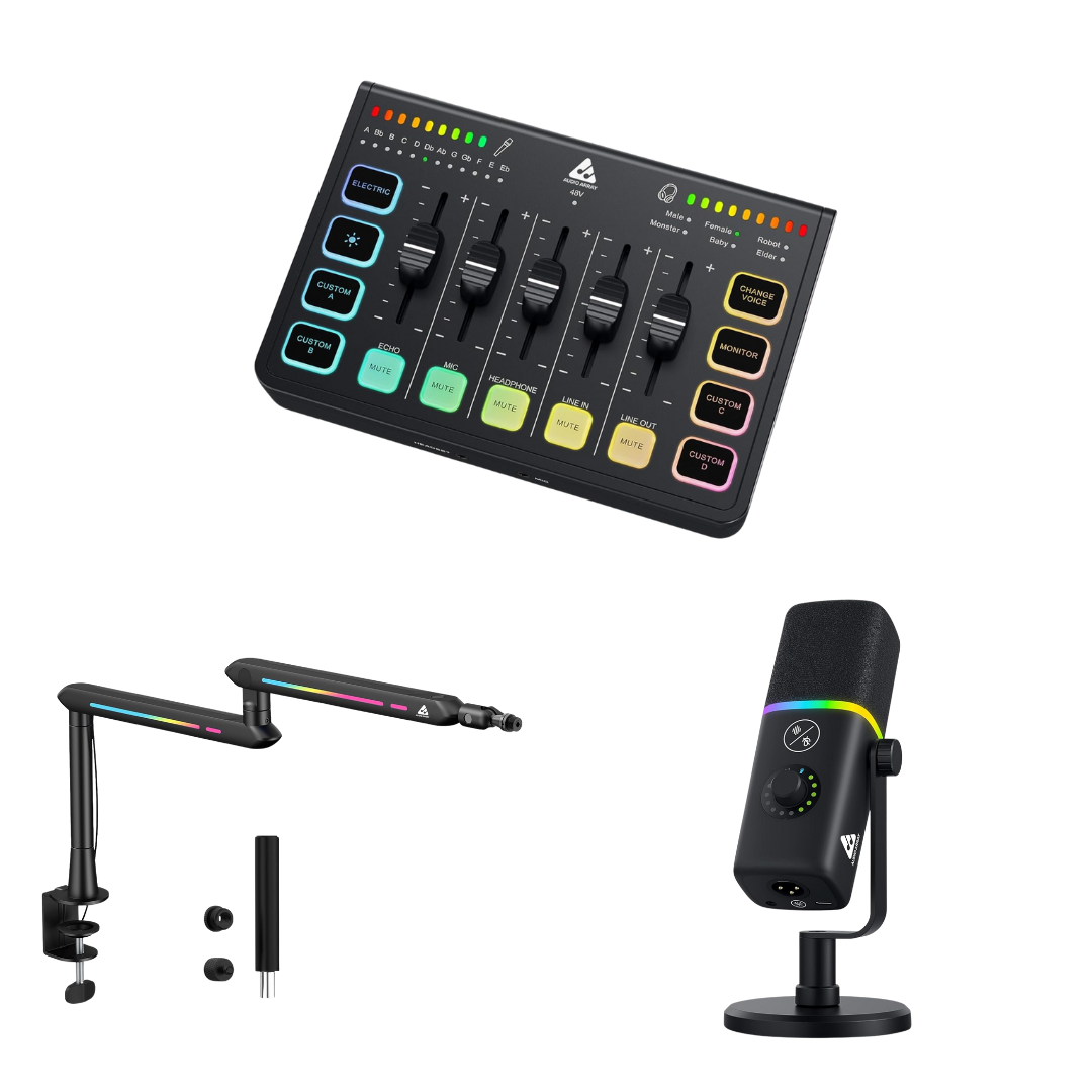 RGB Gaming Bundle for Streamers: Elevate Your Streaming Setup with Audio Array’s Sound Card, Dynamic Mic, and Boom Arm