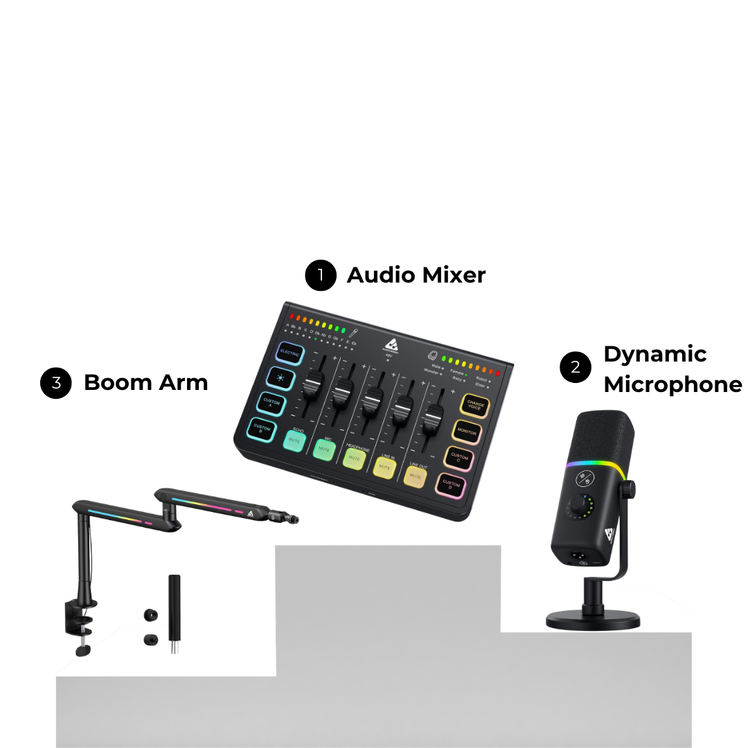 RGB Gaming Bundle For Streamers - Sound Card + Dynamic Mic + Boom Arm GB-05