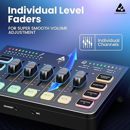 Audio Array RGB Gaming Mic Bundle with USB/XLR Microphone, Boom Arm & Sound Card Mixer | Streaming Mic Kit with Voice Effects, AI Noise Cancel, RGB Lights for Podcasting, Gaming & Recording - PB-09