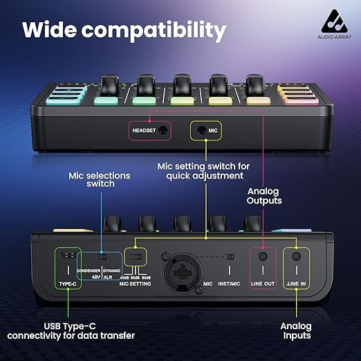 Audio Array RGB Gaming Mic Bundle with USB/XLR Microphone, Boom Arm & Sound Card Mixer | Streaming Mic Kit with Voice Effects, AI Noise Cancel, RGB Lights for Podcasting, Gaming & Recording - PB-09