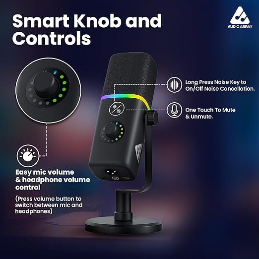 Audio Array RGB Gaming Mic Bundle with USB/XLR Microphone, Boom Arm & Sound Card Mixer | Streaming Mic Kit with Voice Effects, AI Noise Cancel, RGB Lights for Podcasting, Gaming & Recording - PB-09