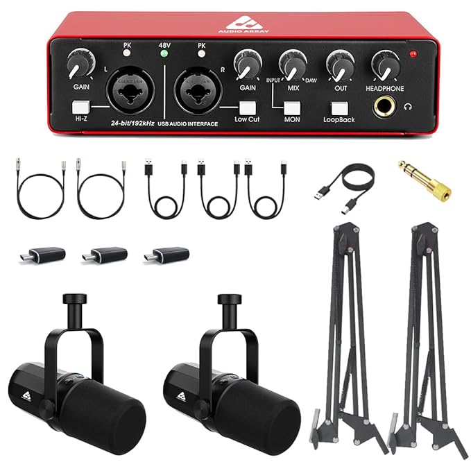 AB-05 Dual Professional Podcasting Voiceover Streaming Bundle | Audio Interface, Dynamic Mics & Boom-arms