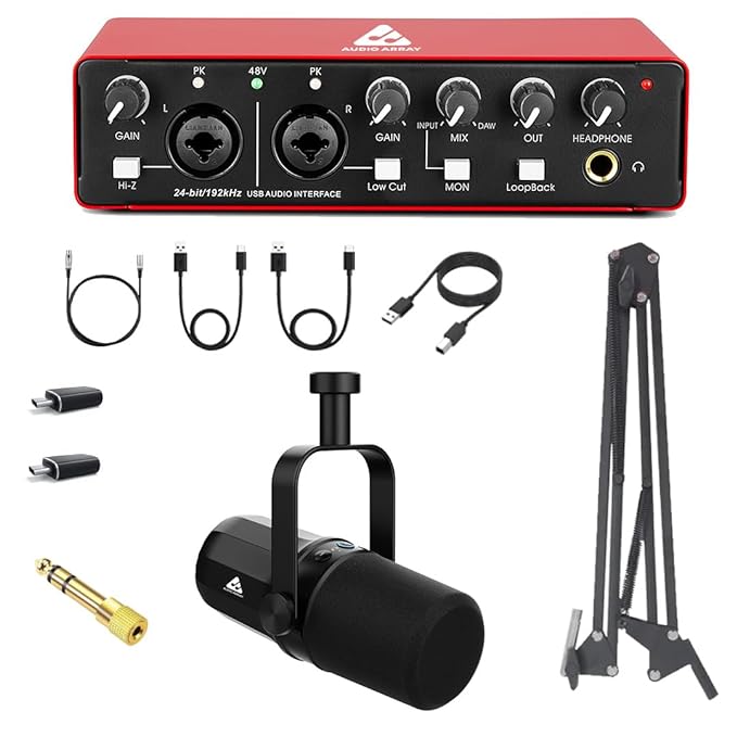 AB-03 Professional Podcasting Voiceover Streaming Bundle | Audio Interface, Dynamic Mic & Boom-arm