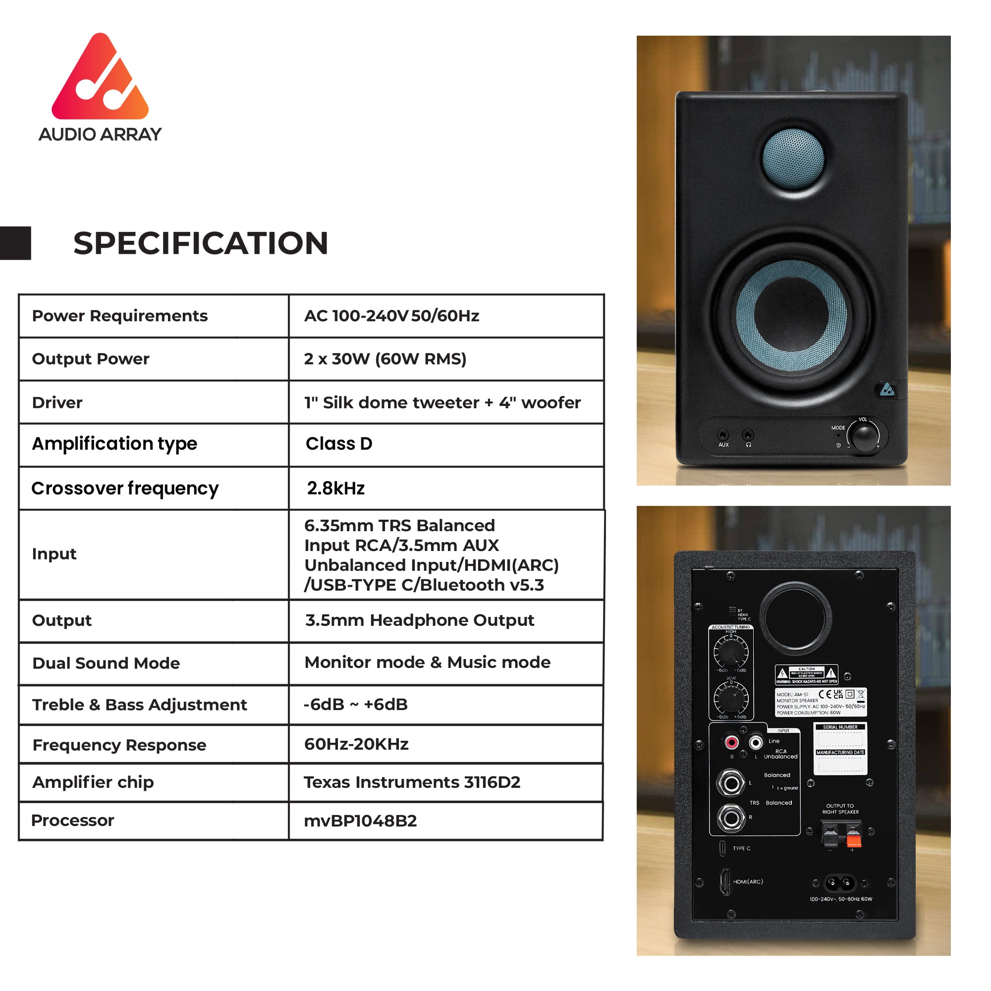 Audio Array AM-S1 Professional 4" Studio Monitor Speaker Pair