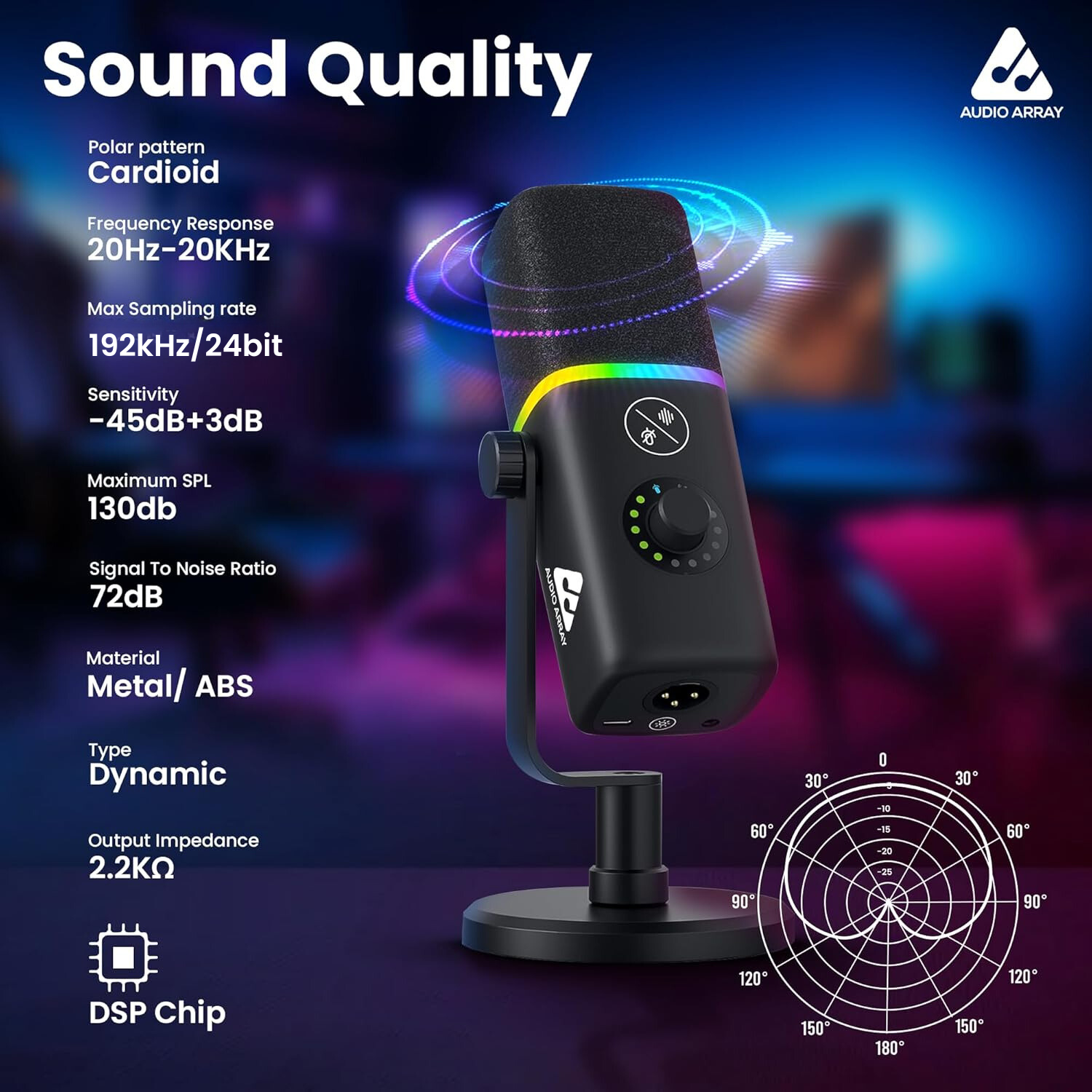 Audio Array AM-C45 XLR/USB Professional RGB Dynamic Podcast Microphone | Streaming, Podcasting, Singing