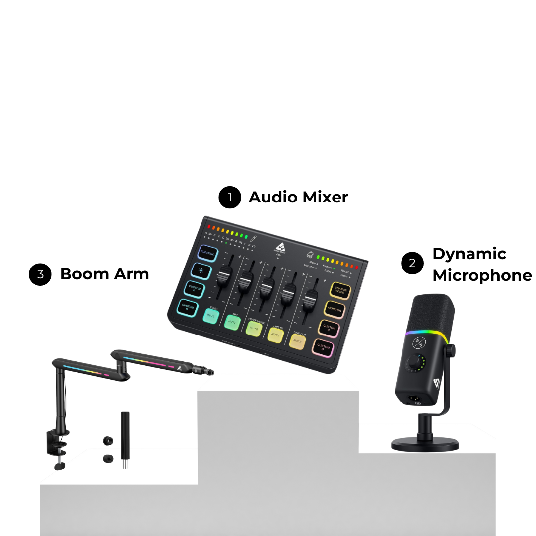 RGB Gaming Bundle For Streamers - Sound Card + Dynamic Mic + Boom Arm