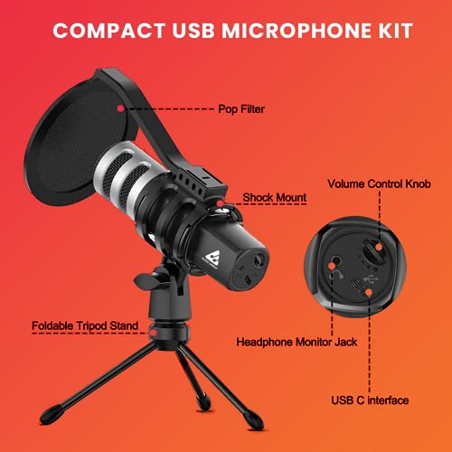 AM-C4 USB Plug & Play Condenser Microphone with Tripod, Pop-Filter & Shock Mount