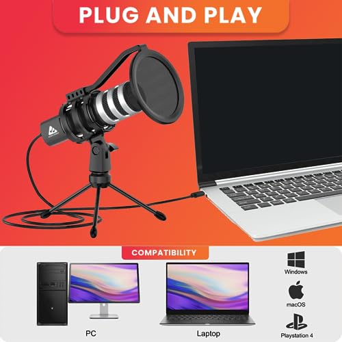 AM-C4 USB Plug & Play Condenser Microphone with Tripod, Pop-Filter & Shock Mount