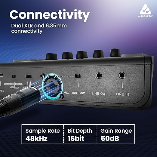 Audio Array RGB Gaming Mic Bundle with USB/XLR Microphone, Boom Arm & Sound Card Mixer | Streaming Mic Kit with Voice Effects, AI Noise Cancel, RGB Lights for Podcasting, Gaming & Recording - PB-09