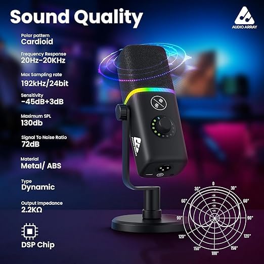 Audio Array RGB Gaming Mic Bundle with USB/XLR Microphone, Boom Arm & Sound Card Mixer | Streaming Mic Kit with Voice Effects, AI Noise Cancel, RGB Lights for Podcasting, Gaming & Recording - PB-09
