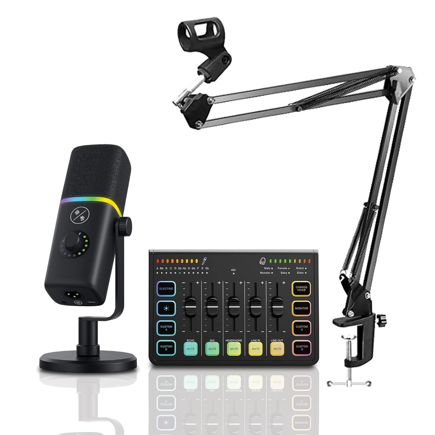Audio Array RGB Gaming Mic Bundle with USB/XLR Microphone, Boom Arm & Sound Card Mixer | Streaming Mic Kit with Voice Effects, AI Noise Cancel, RGB Lights for Podcasting, Gaming & Recording - PB-09