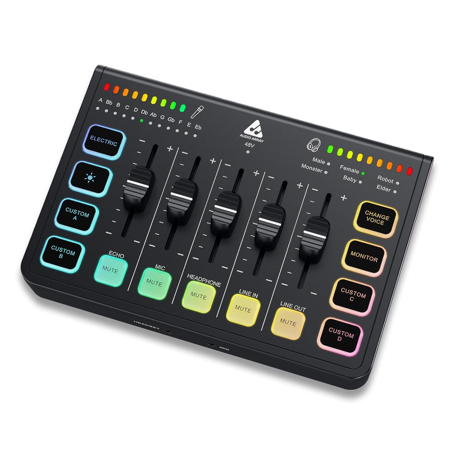 Audio Array AI-06 Streaming Audio Mixer Sound Card | PC/Phone RGB Mixer with Volume Fader