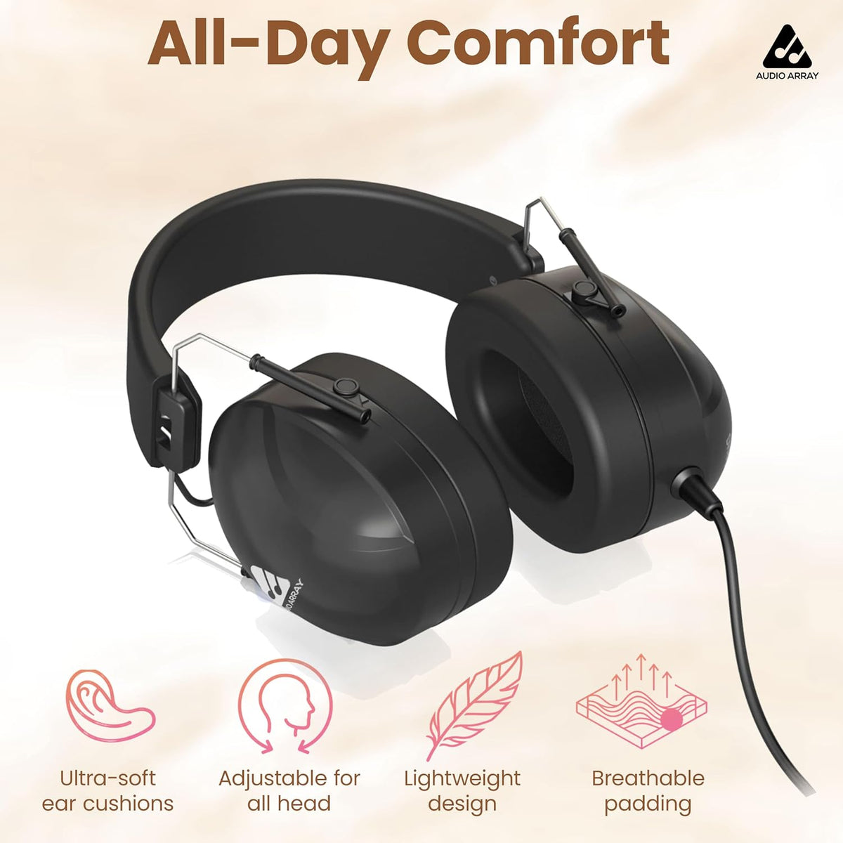 Audio Array AH-50-DH Studio & Drumming Headphones – 50mm Driver, 32Ω, Closed-Back, Passive Noise Cancellation, 3m Cable