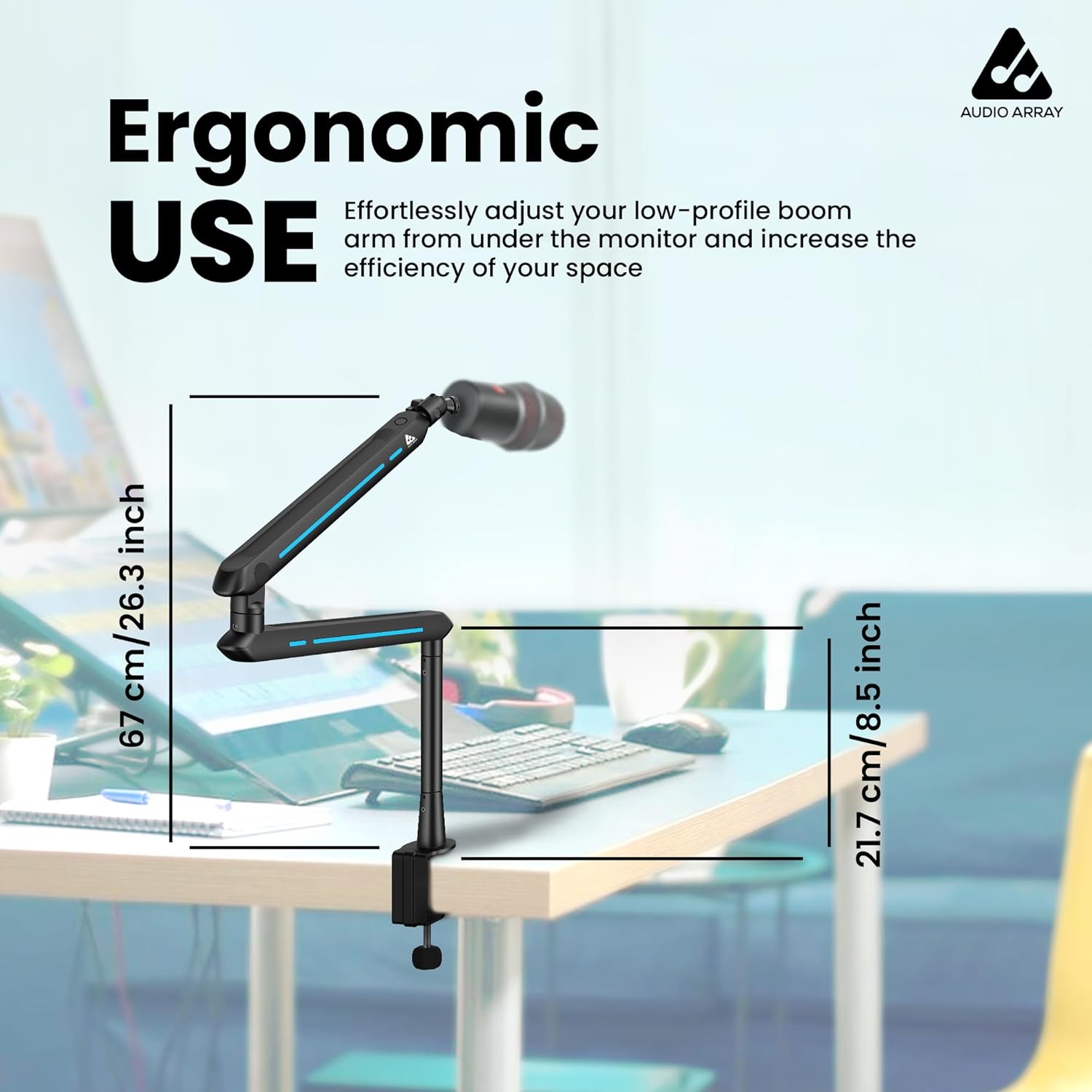 AA-19BL RGB Low Profile Boom arm Stand with Riser | 71cm reach & 20 RGB lighting effects & Built-In Cable Management