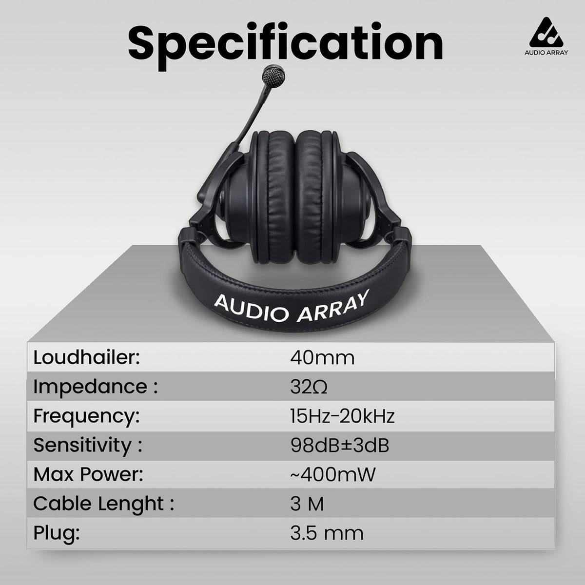Audio Array AH-40 Pro Studio Headphones – 40mm Driver, 32Ω, Closed-Back Design, 3m Cable
