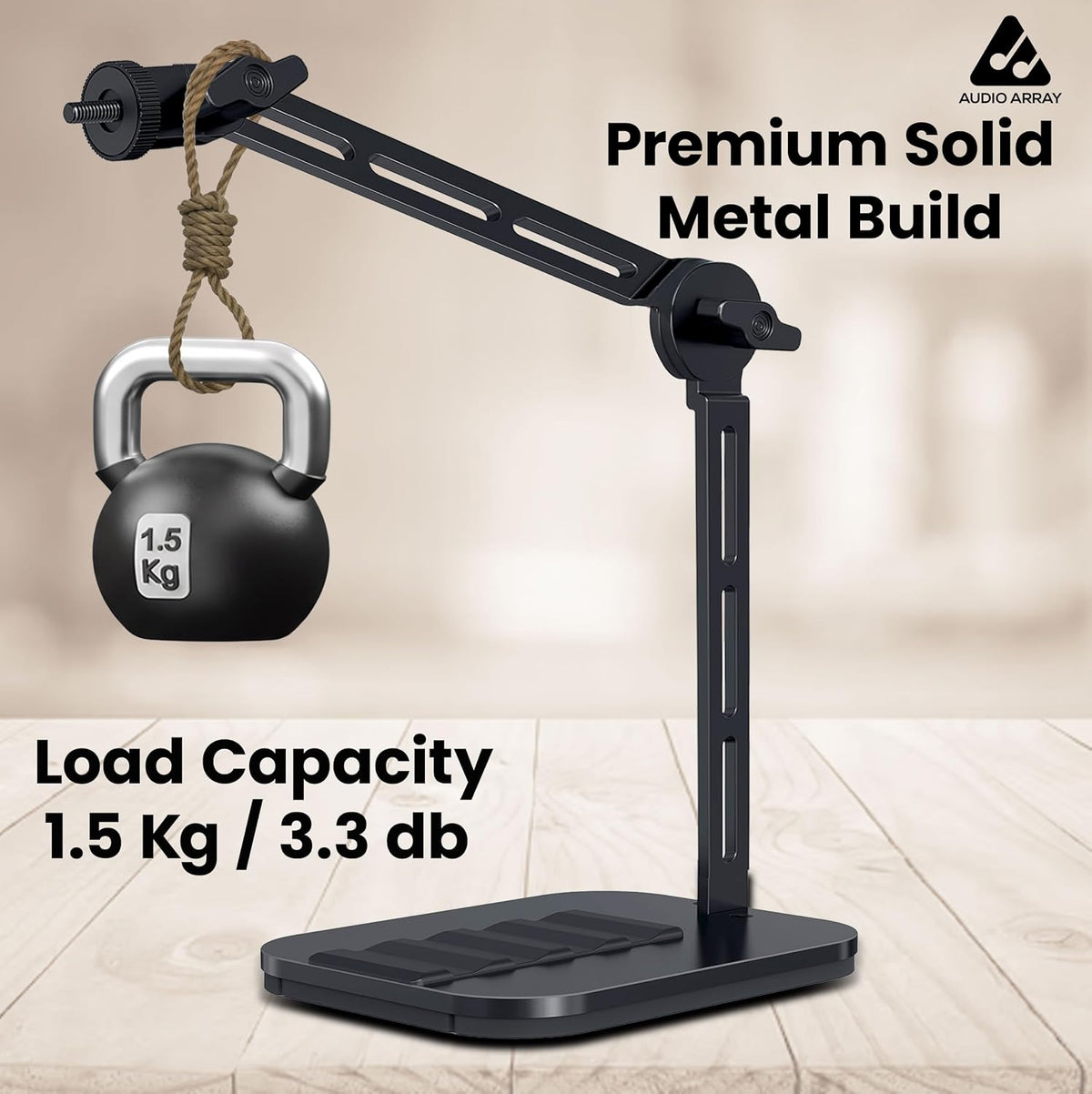 Audio Array AA-27 Heavy-Duty Desktop Microphone Boom Arm Stand – Counterbalance, Multi-Angle Swivel Arm, Weighted Anti-Slip Base, 5/8"-27 & 3/8" Adapter, Black