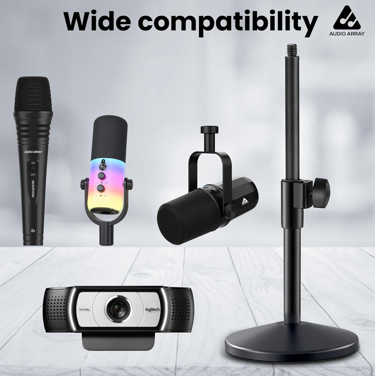 Audio Array AA-26 Pro Heavy-Duty Adjustable Desktop Microphone Stand – Weighted Base, Height Adjustable, 5/8"-27 Thread, Black