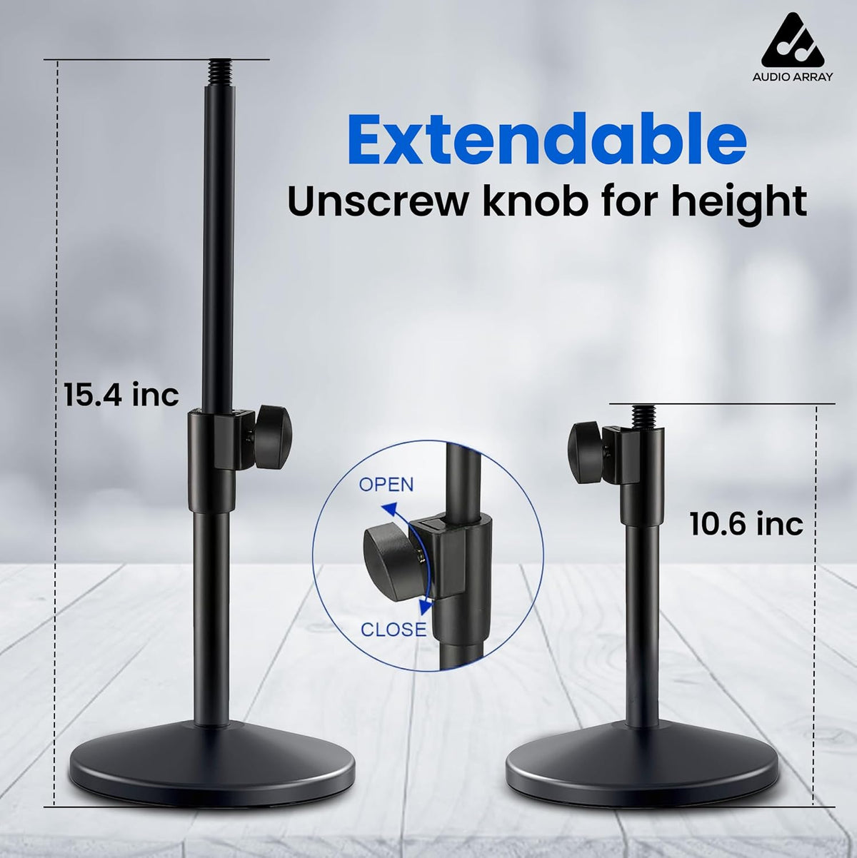 Audio Array AA-26 Pro Heavy-Duty Adjustable Desktop Microphone Stand – Weighted Base, Height Adjustable, 5/8"-27 Thread, Black