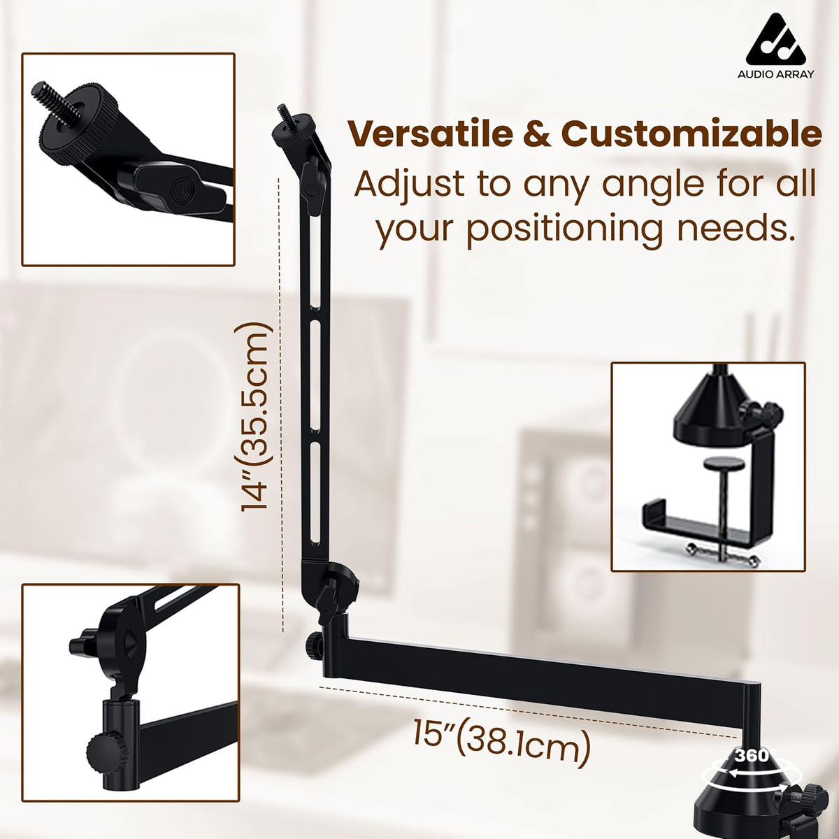 Audio Array AA-28 Heavy-Duty Adjustable Desk Mount Microphone Boom Arm – 8.5cm Extension, Articulated Swivel Arm, Multi-Angle, 5/8" Thread, Black