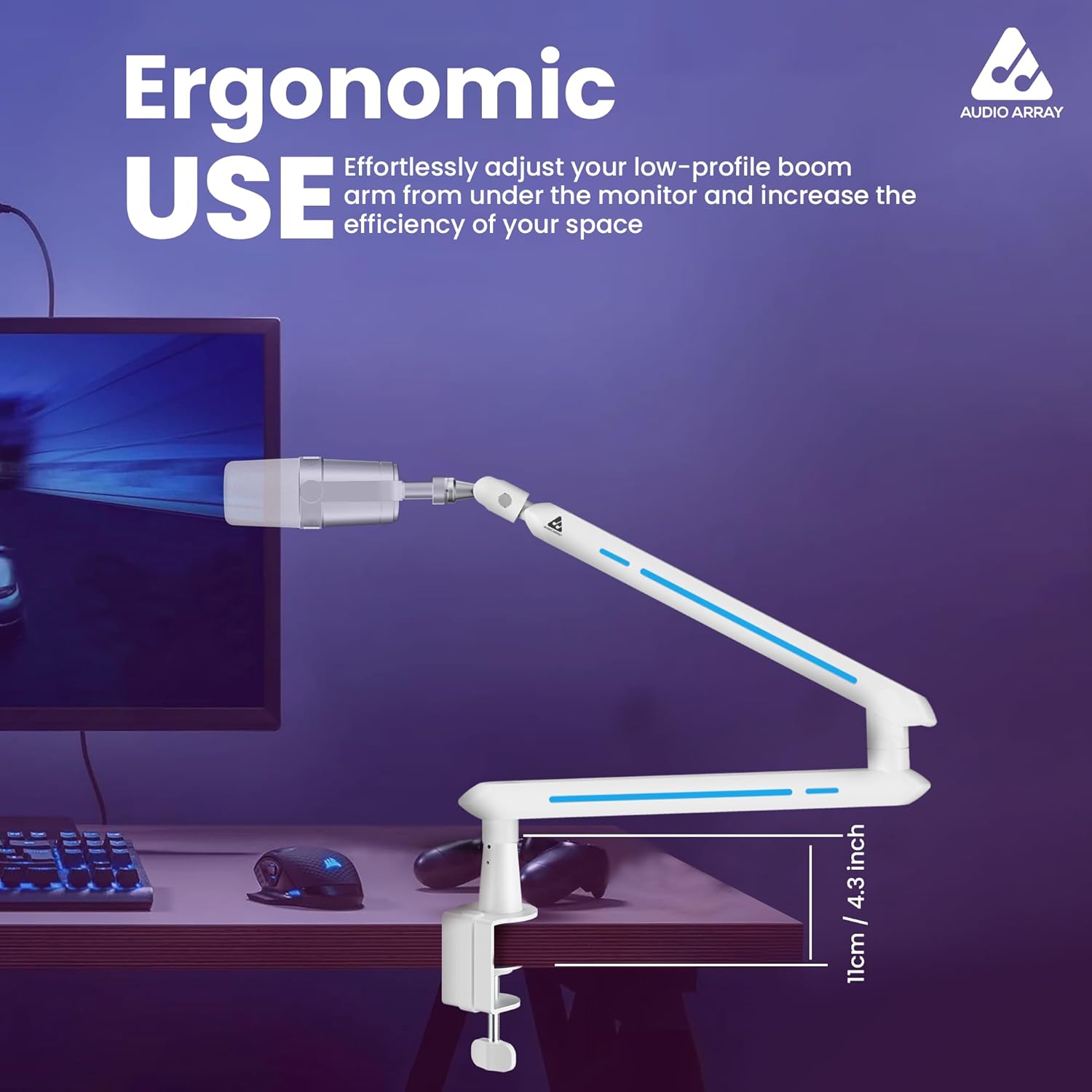 AA-19WL RGB Low Profile Boom arm Stand with Riser | 2Kg Weight Capacity | White