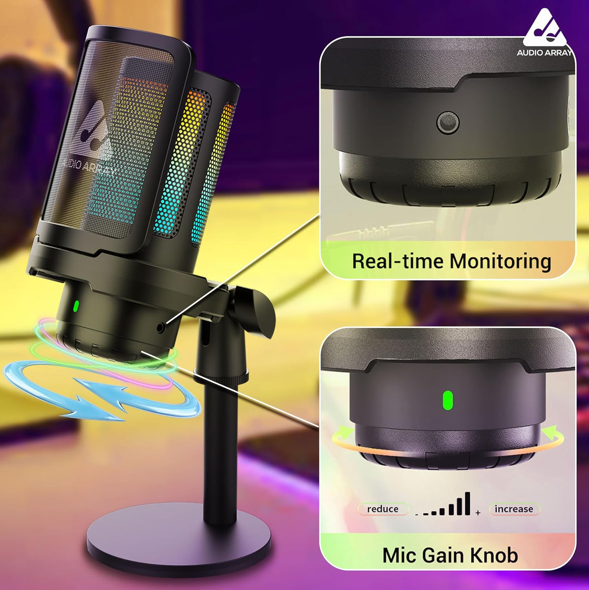 Audio Array AM-C55 USB Condenser Microphone – 24-Bit/192kHz, AI Noise Cancellation, Cardioid, Direct Monitoring, Gain Control, Type-C