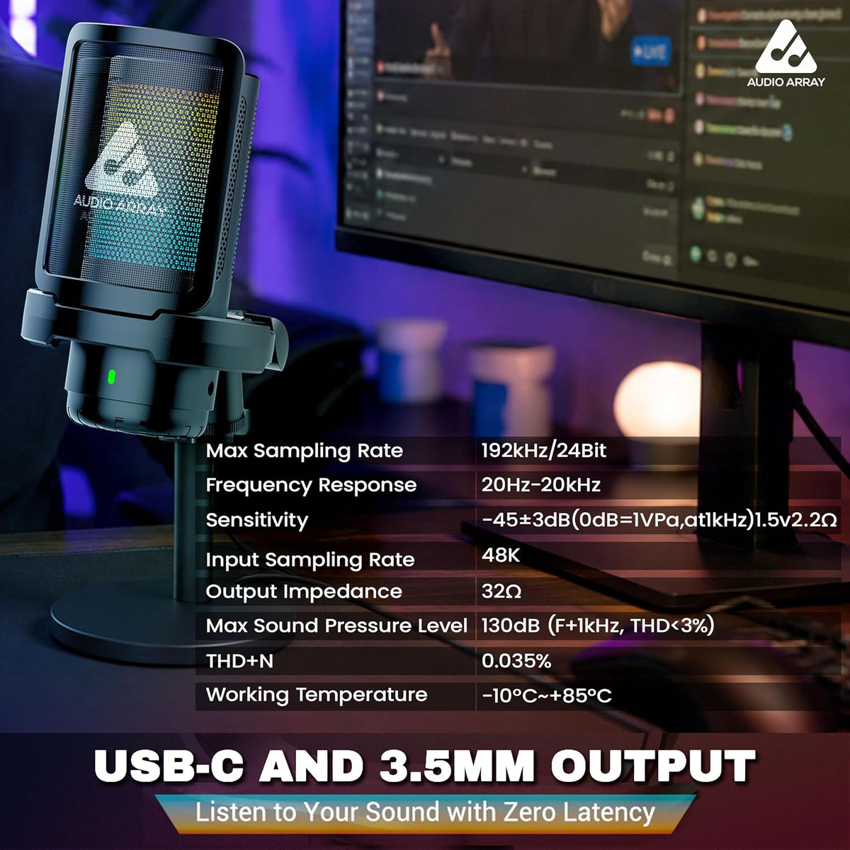 Audio Array AM-C55 USB Condenser Microphone – 24-Bit/192kHz, AI Noise Cancellation, Cardioid, Direct Monitoring, Gain Control, Type-C