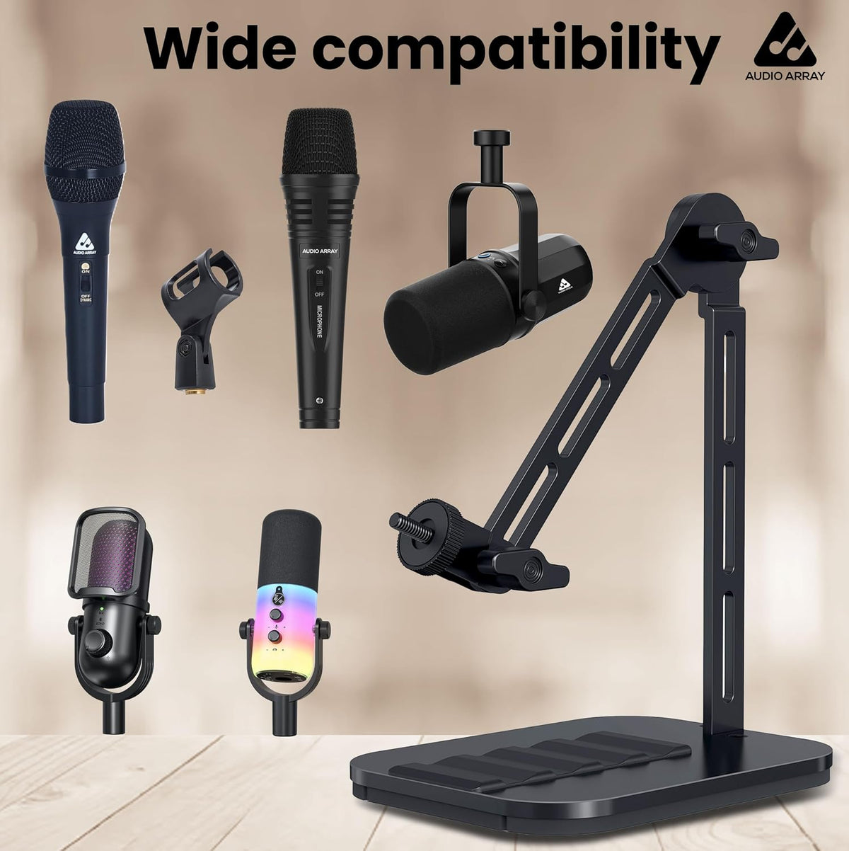 Audio Array AA-27 Heavy-Duty Desktop Microphone Boom Arm Stand – Counterbalance, Multi-Angle Swivel Arm, Weighted Anti-Slip Base, 5/8"-27 & 3/8" Adapter, Black