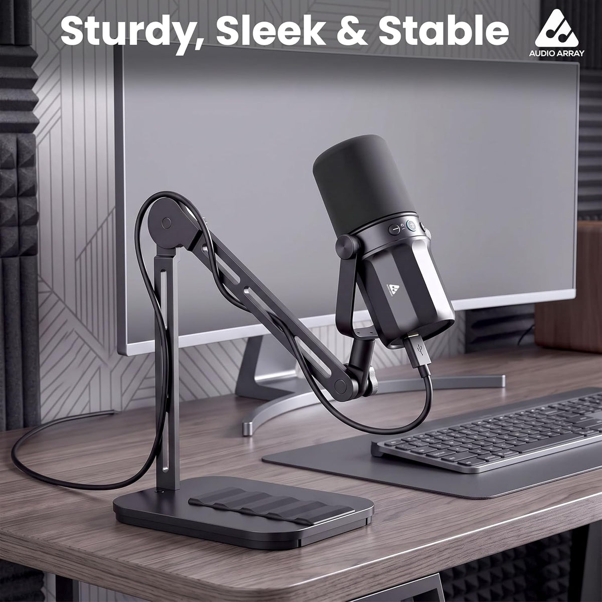 Audio Array AA-27 Heavy-Duty Desktop Microphone Boom Arm Stand – Counterbalance, Multi-Angle Swivel Arm, Weighted Anti-Slip Base, 5/8"-27 & 3/8" Adapter, Black