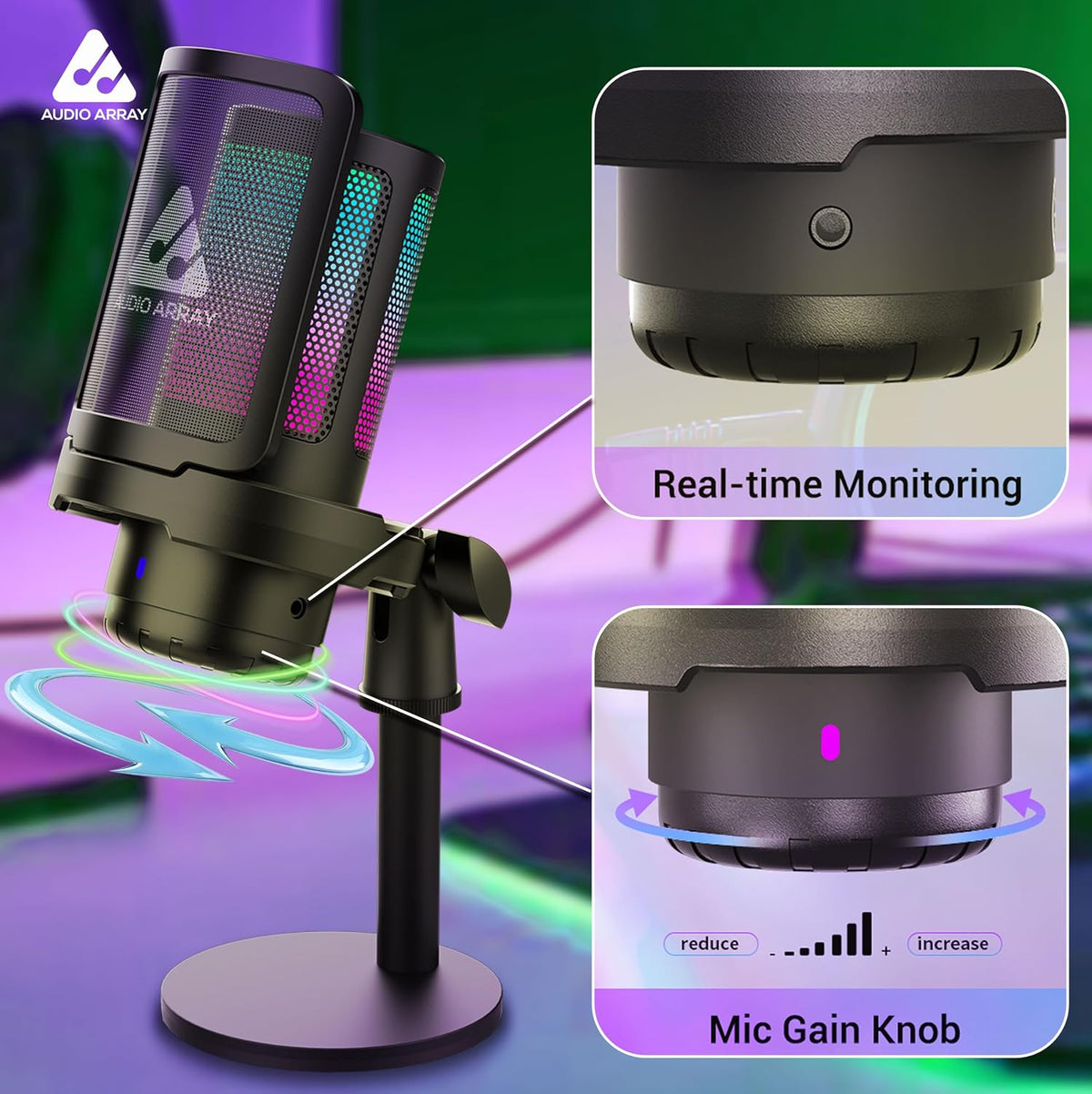 Audio Array AM-W25 Wireless USB Condenser Microphone – 24-Bit/48kHz, AI Noise Cancellation, 50-Hour Runtime, Cardioid, Low Latency, RGB Lighting