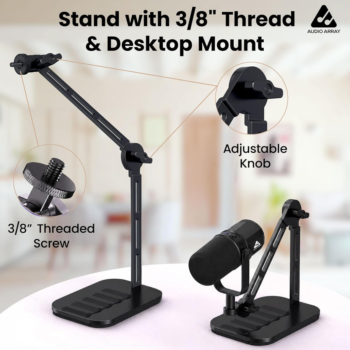 Audio Array AA-27 Heavy-Duty Desktop Microphone Boom Arm Stand – Counterbalance, Multi-Angle Swivel Arm, Weighted Anti-Slip Base, 5/8"-27 & 3/8" Adapter, Black