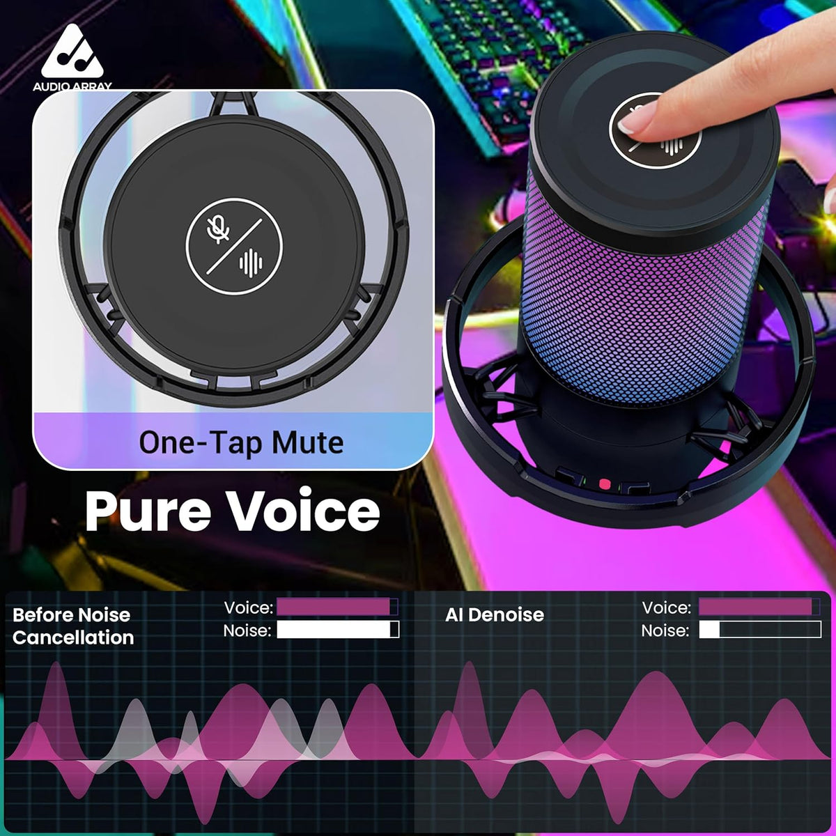 Audio Array AM-W25 Wireless USB Condenser Microphone – 24-Bit/48kHz, AI Noise Cancellation, 50-Hour Runtime, Cardioid, Low Latency, RGB Lighting