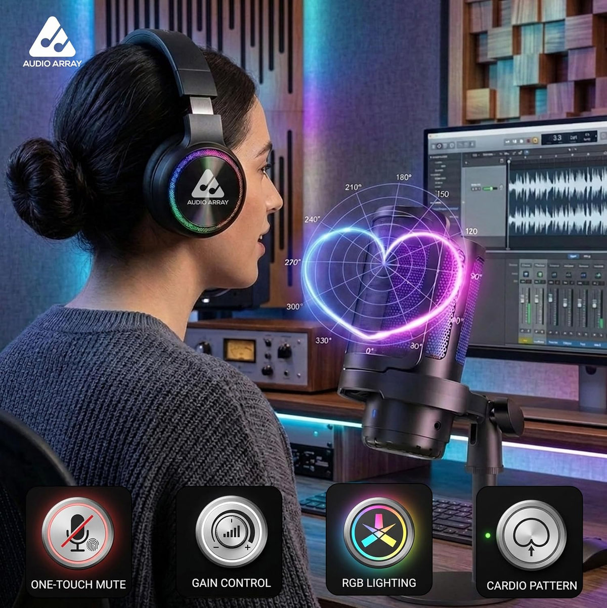 Audio Array AM-W25 Wireless USB Condenser Microphone – 24-Bit/48kHz, AI Noise Cancellation, 50-Hour Runtime, Cardioid, Low Latency, RGB Lighting