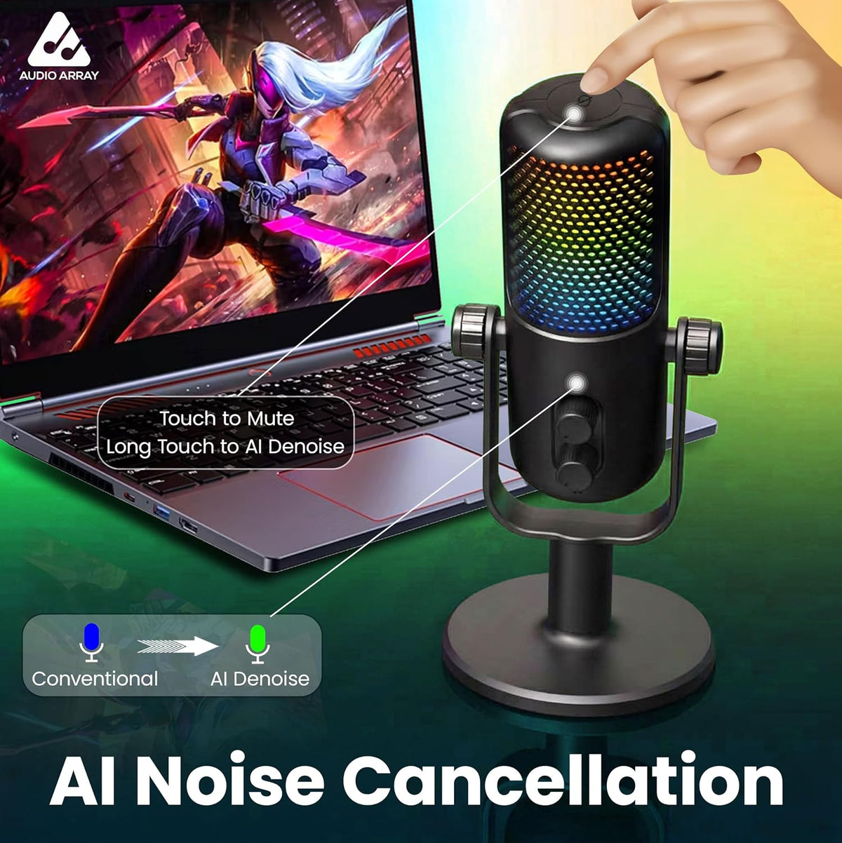 Audio Array AM-C54 USB Condenser Microphone – 24-Bit/192kHz, AI Noise Cancellation, Cardioid, Direct Monitoring, Gain & Headphone Control