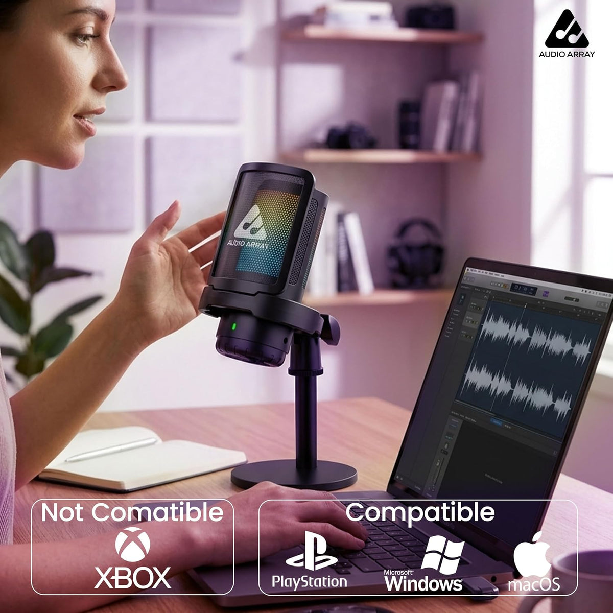 Audio Array AM-W25 Wireless USB Condenser Microphone – 24-Bit/48kHz, AI Noise Cancellation, 50-Hour Runtime, Cardioid, Low Latency, RGB Lighting