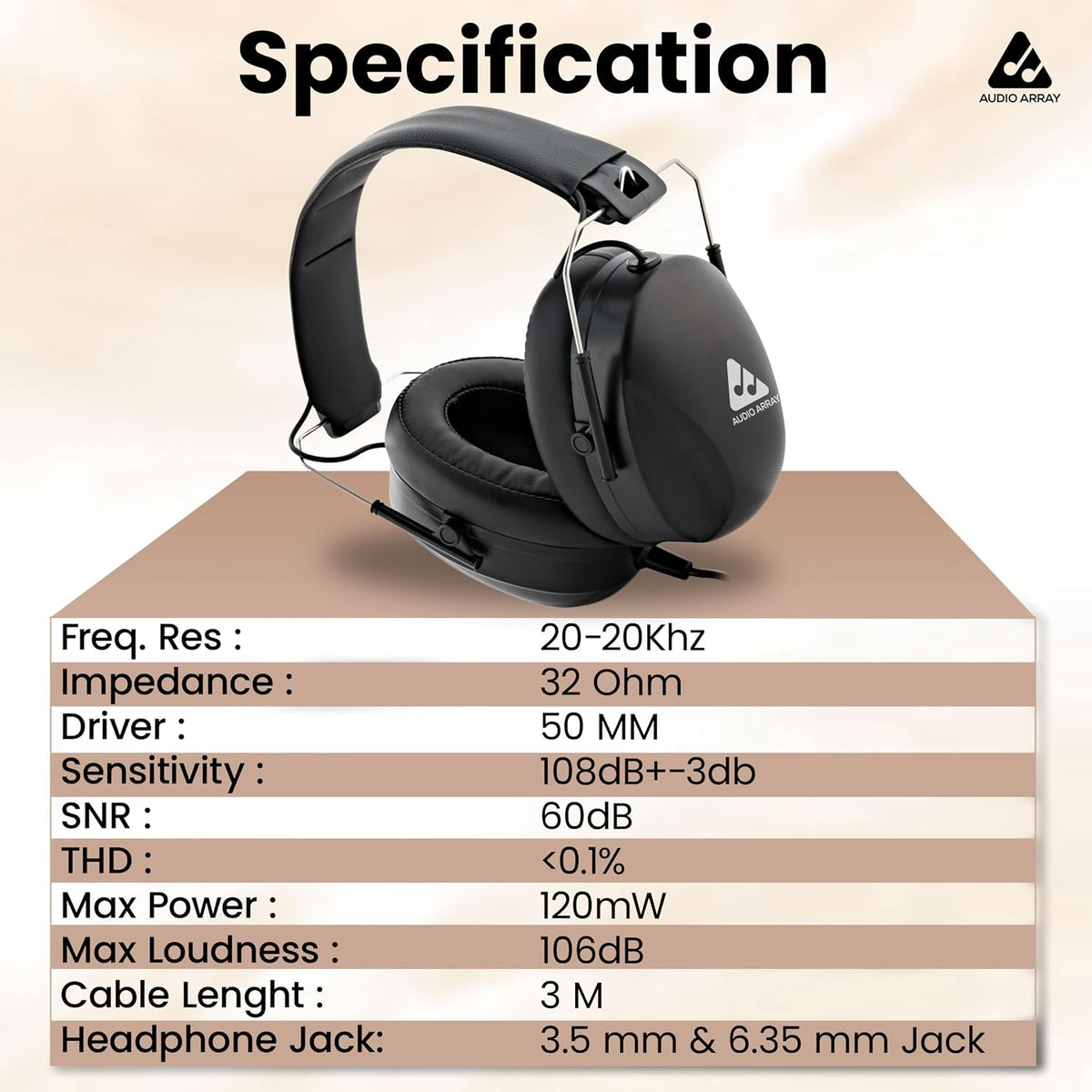Audio Array AH-50-DH Studio & Drumming Headphones – 50mm Driver, 32Ω, Closed-Back, Passive Noise Cancellation, 3m Cable