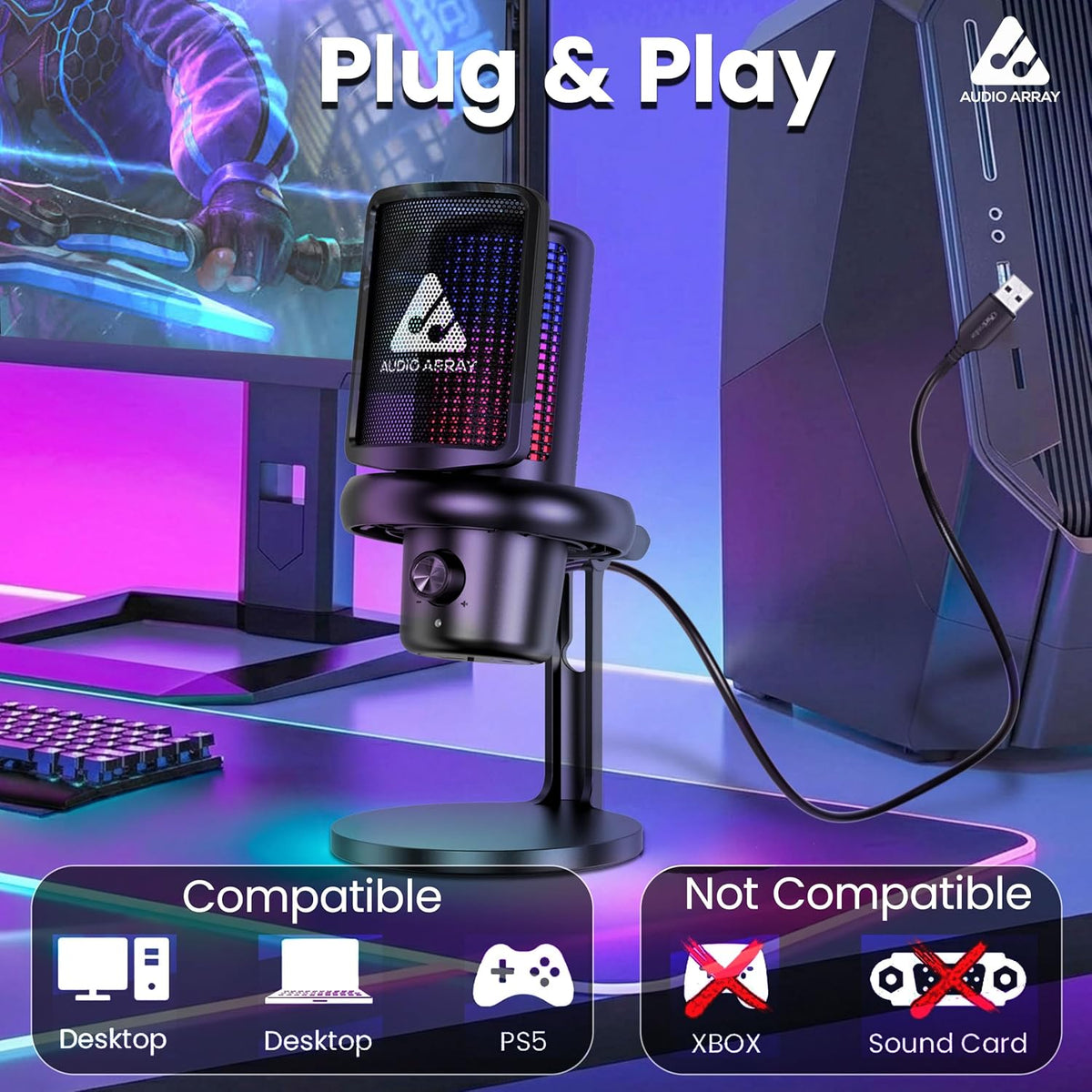 Audio Array AM-C53 USB Condenser Microphone – 24-Bit/192kHz, AI Noise Cancellation, Cardioid, Direct Monitoring