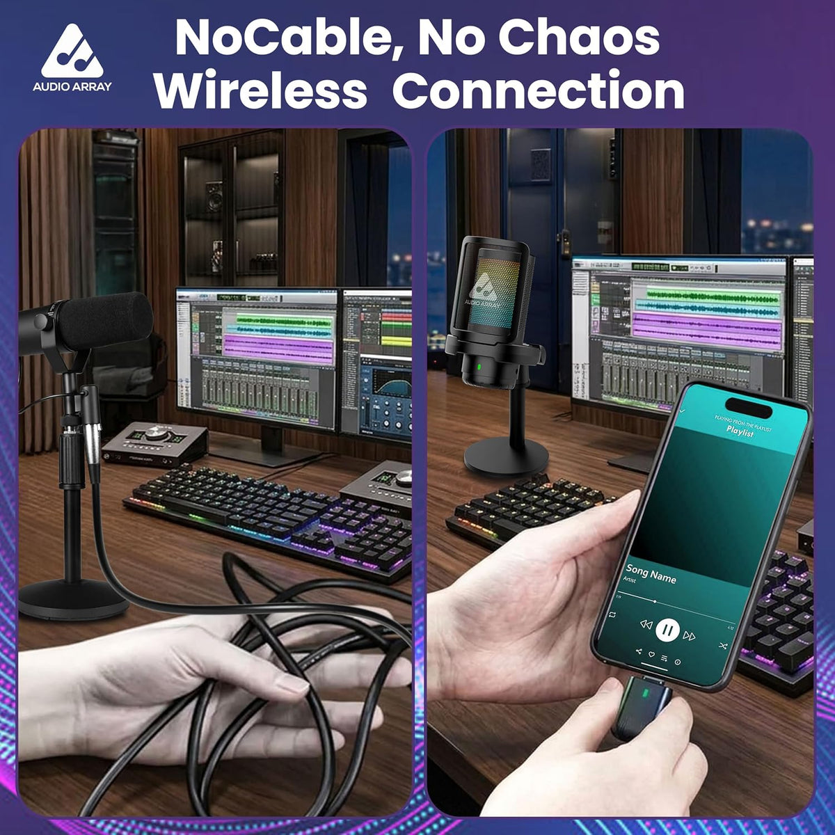 Audio Array AM-W25 Wireless USB Condenser Microphone – 24-Bit/48kHz, AI Noise Cancellation, 50-Hour Runtime, Cardioid, Low Latency, RGB Lighting