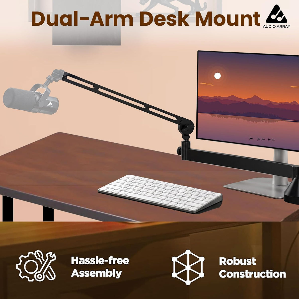 Audio Array AA-28 Heavy-Duty Adjustable Desk Mount Microphone Boom Arm – 8.5cm Extension, Articulated Swivel Arm, Multi-Angle, 5/8" Thread, Black