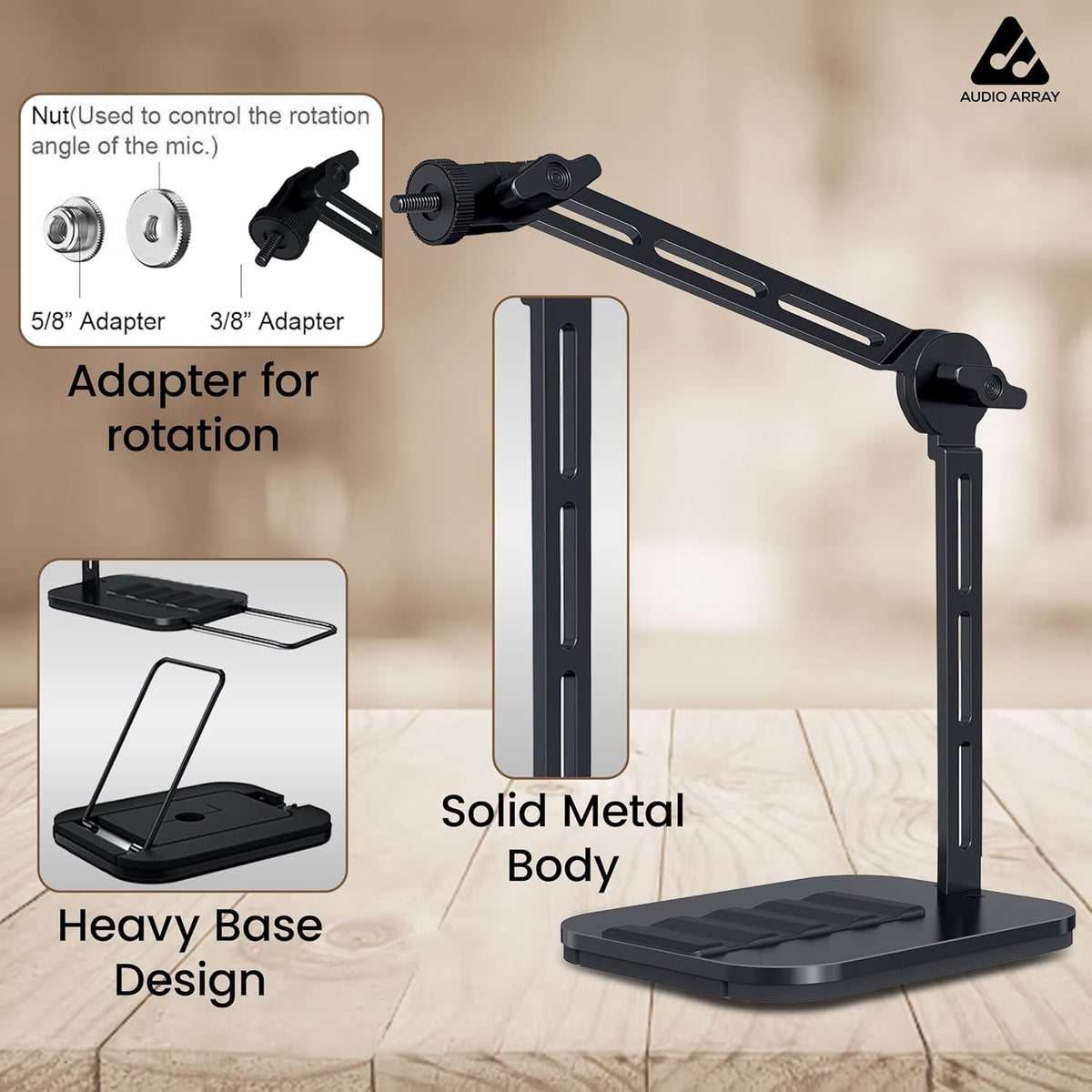 Audio Array AA-27 Heavy-Duty Desktop Microphone Boom Arm Stand – Counterbalance, Multi-Angle Swivel Arm, Weighted Anti-Slip Base, 5/8"-27 & 3/8" Adapter, Black