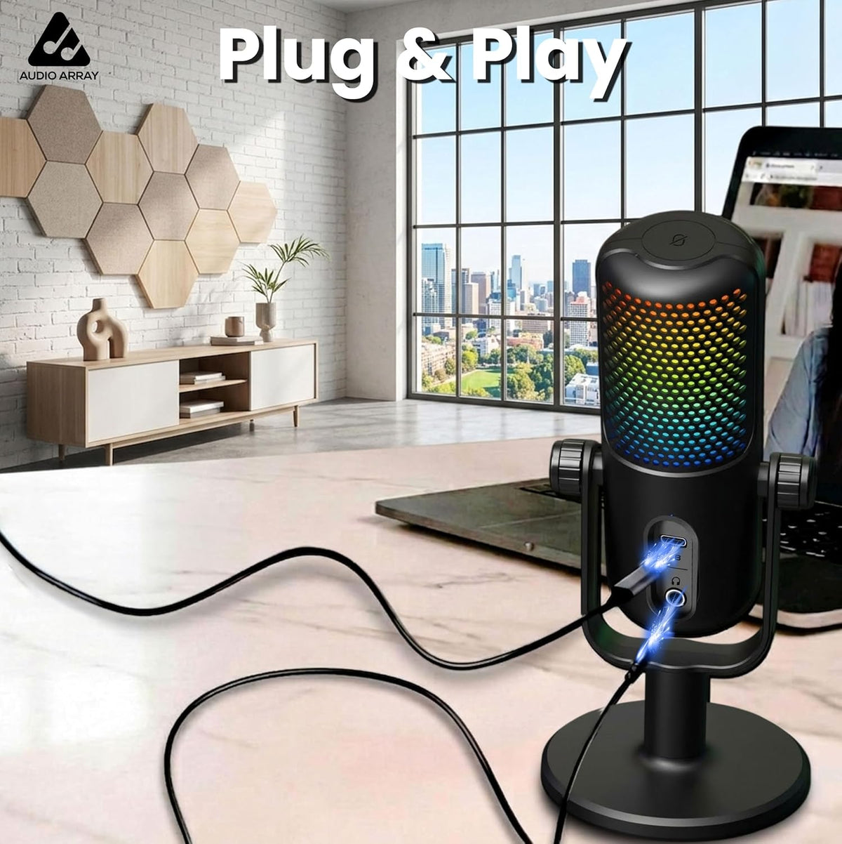 Audio Array AM-C54 USB Condenser Microphone – 24-Bit/192kHz, AI Noise Cancellation, Cardioid, Direct Monitoring, Gain & Headphone Control