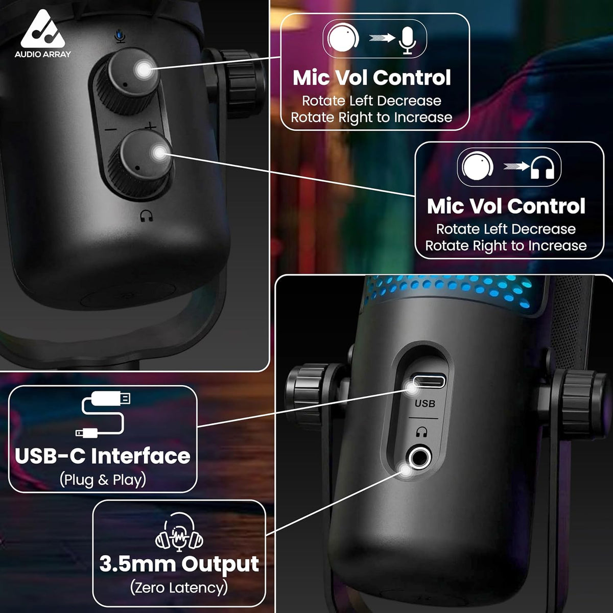 Audio Array AM-C54 USB Condenser Microphone – 24-Bit/192kHz, AI Noise Cancellation, Cardioid, Direct Monitoring, Gain & Headphone Control