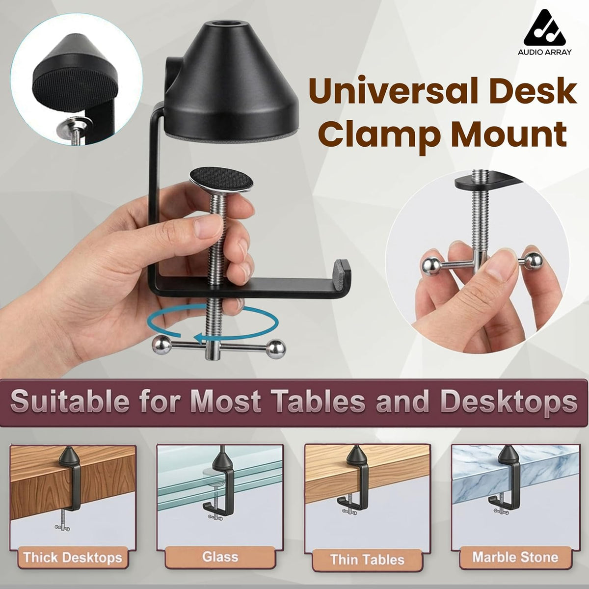 Audio Array AA-28 Heavy-Duty Adjustable Desk Mount Microphone Boom Arm – 8.5cm Extension, Articulated Swivel Arm, Multi-Angle, 5/8" Thread, Black
