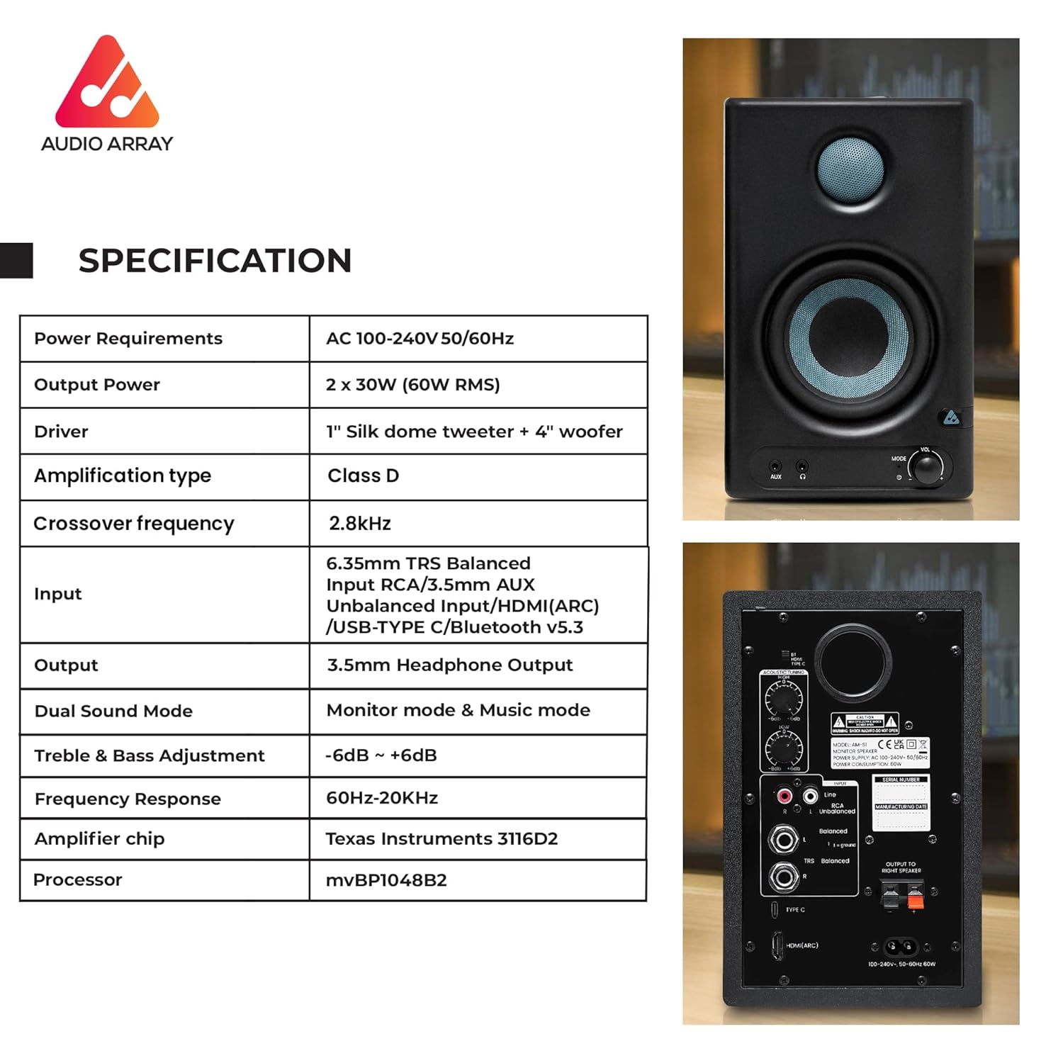 Audio Array AM-S1 Professional 4" Studio Monitor Speaker Pair