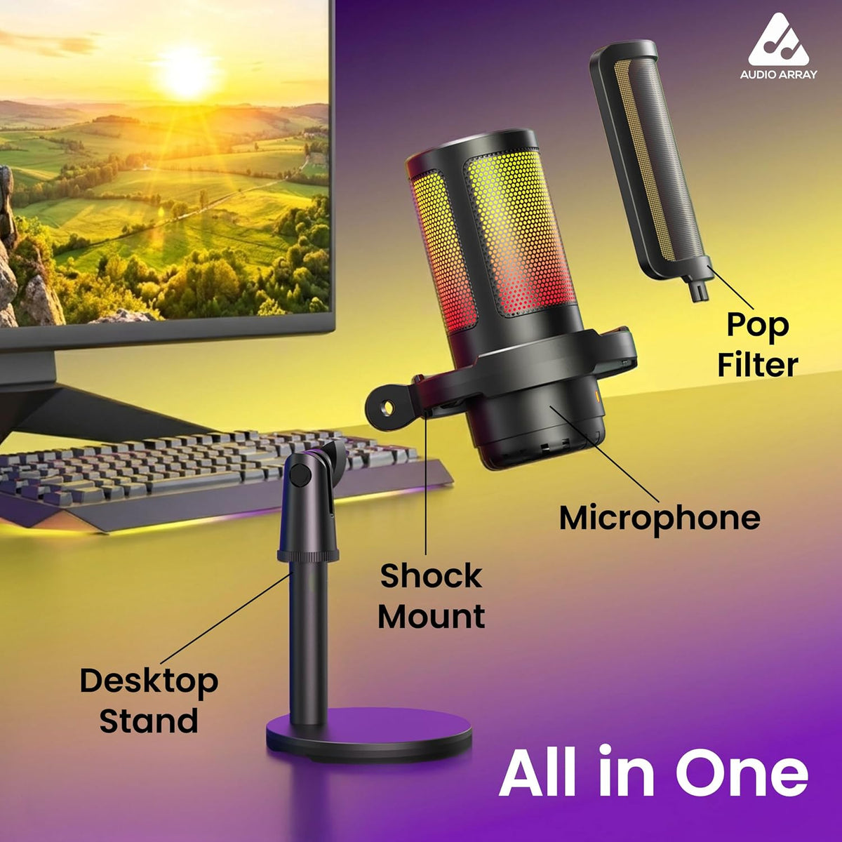 Audio Array AM-C55 USB Condenser Microphone – 24-Bit/192kHz, AI Noise Cancellation, Cardioid, Direct Monitoring, Gain Control, Type-C
