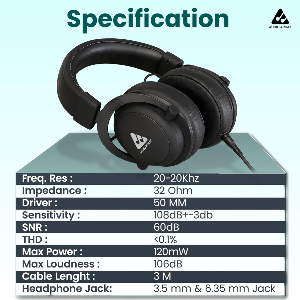 Audio Array AH-53 Pro Studio Monitoring Headphones – 53mm Driver, 64Ω, Closed-Back, 5Hz–30kHz, 4m Cable