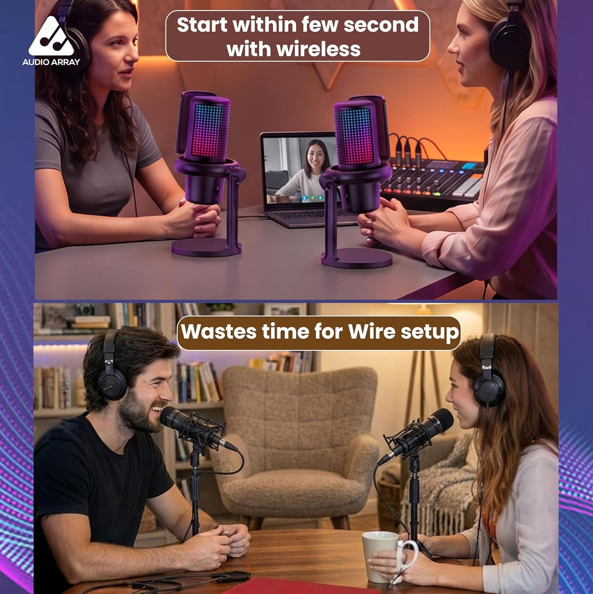 Audio Array AM-W25 Wireless USB Condenser Microphone – 24-Bit/48kHz, AI Noise Cancellation, 50-Hour Runtime, Cardioid, Low Latency, RGB Lighting