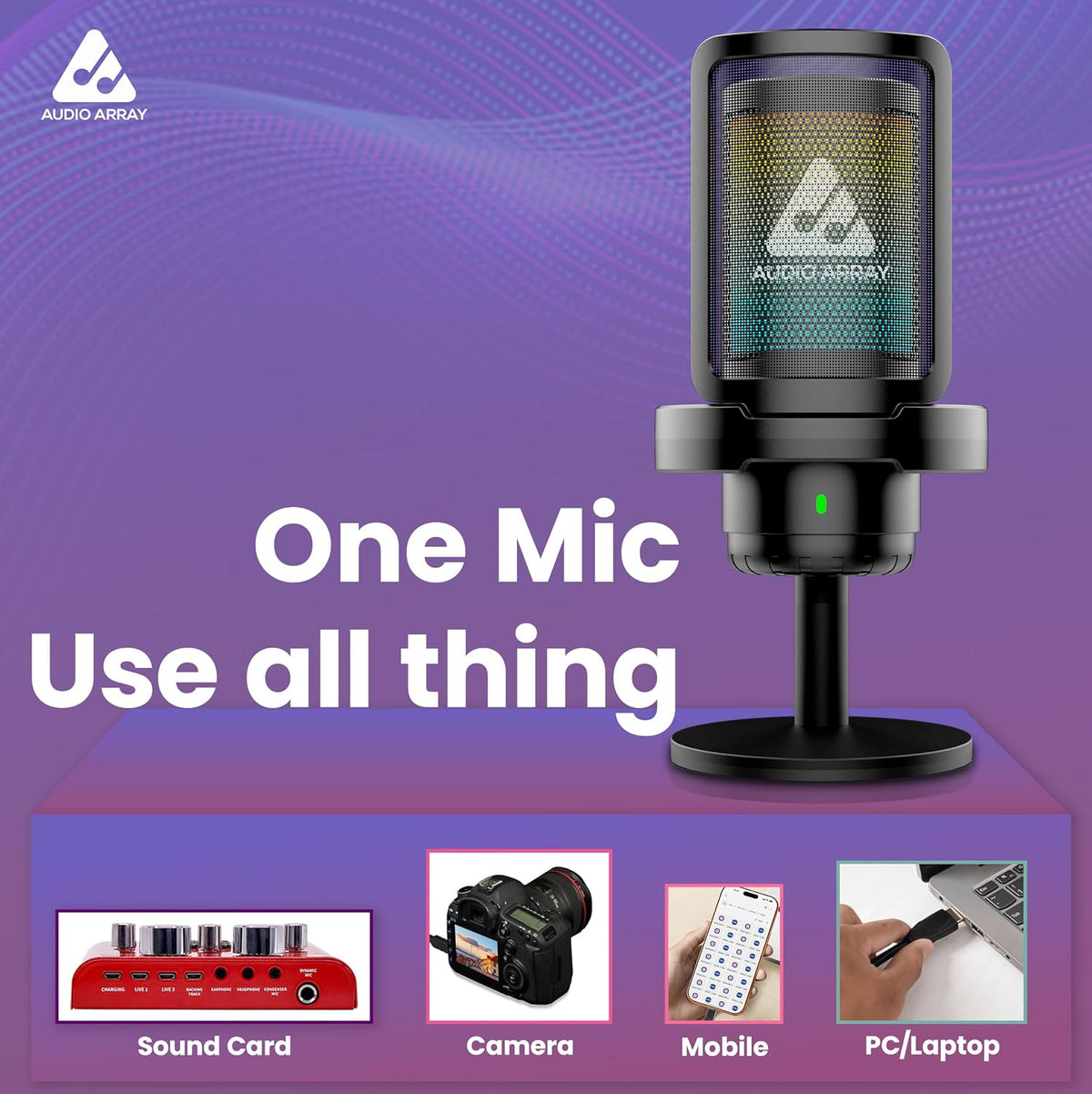 Audio Array AM-W25 Wireless USB Condenser Microphone – 24-Bit/48kHz, AI Noise Cancellation, 50-Hour Runtime, Cardioid, Low Latency, RGB Lighting