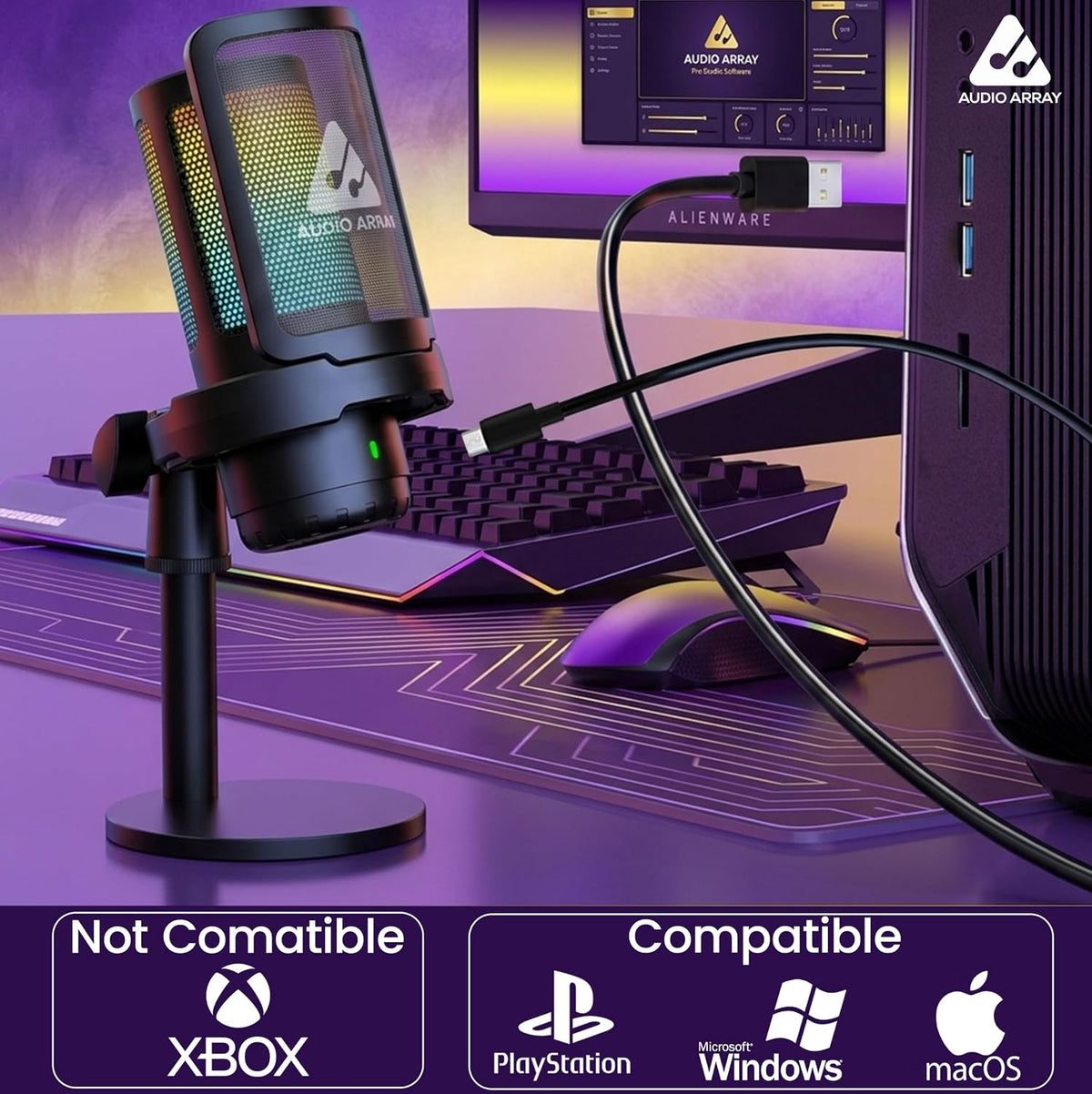 Audio Array AM-C55 USB Condenser Microphone – 24-Bit/192kHz, AI Noise Cancellation, Cardioid, Direct Monitoring, Gain Control, Type-C