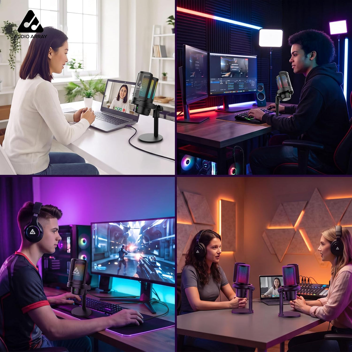 Audio Array AM-W25 Wireless USB Condenser Microphone – 24-Bit/48kHz, AI Noise Cancellation, 50-Hour Runtime, Cardioid, Low Latency, RGB Lighting