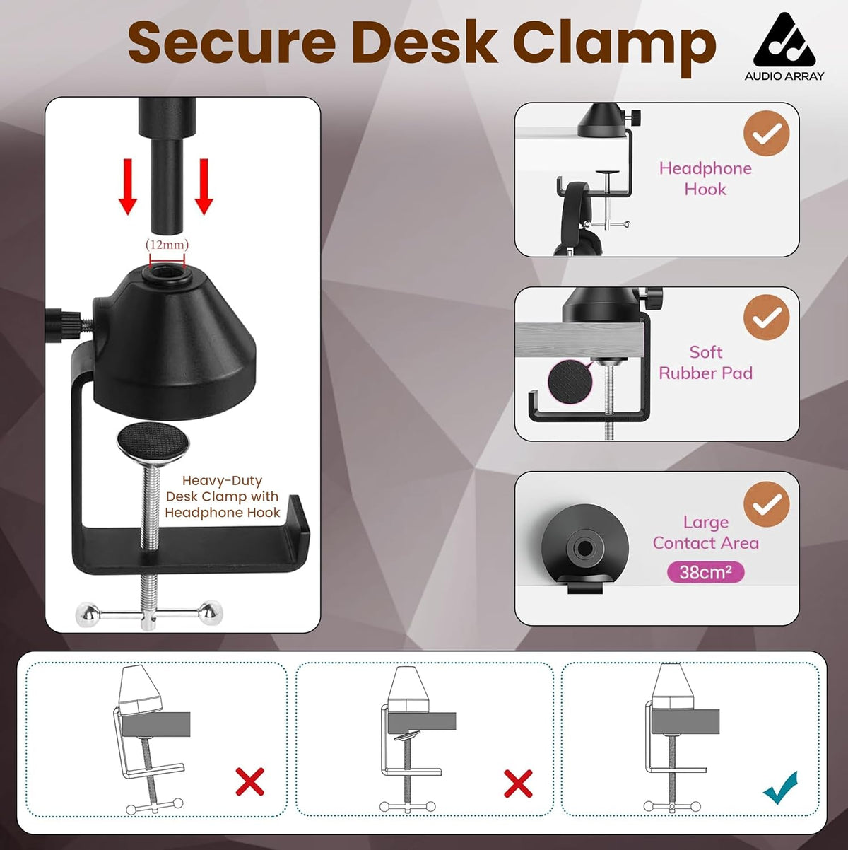 Audio Array AA-28 Heavy-Duty Adjustable Desk Mount Microphone Boom Arm – 8.5cm Extension, Articulated Swivel Arm, Multi-Angle, 5/8" Thread, Black